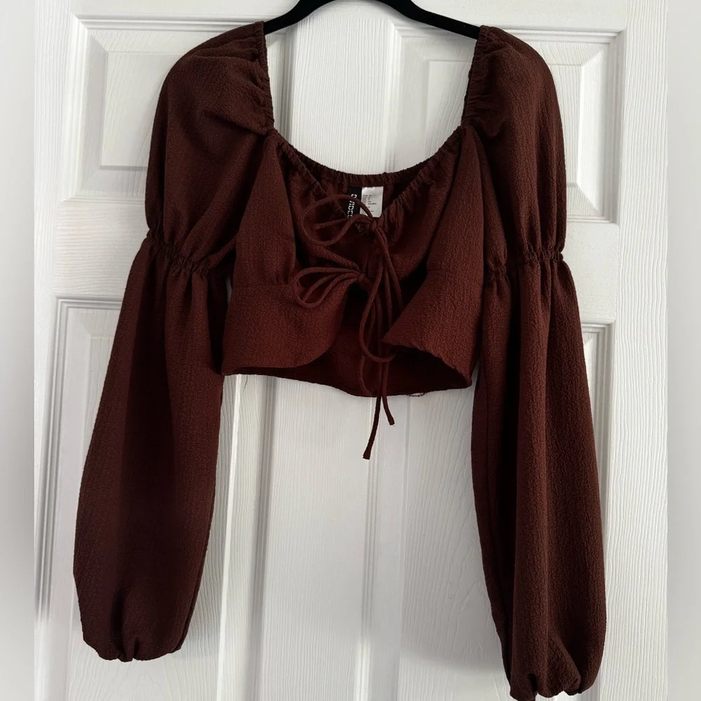 H&M Divided Brown Long Sleeve‎ Lace Up Boho Crop Top Size Small